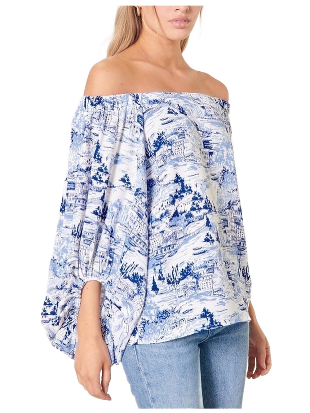 Sugarlips Blue & White Toile Off-Shoulder Puff Sleeve Top